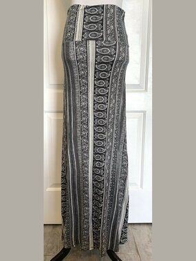 Los Angeles Boutique Black White Rayon Stretch Maxi Skirt High Waist Boho EUC L